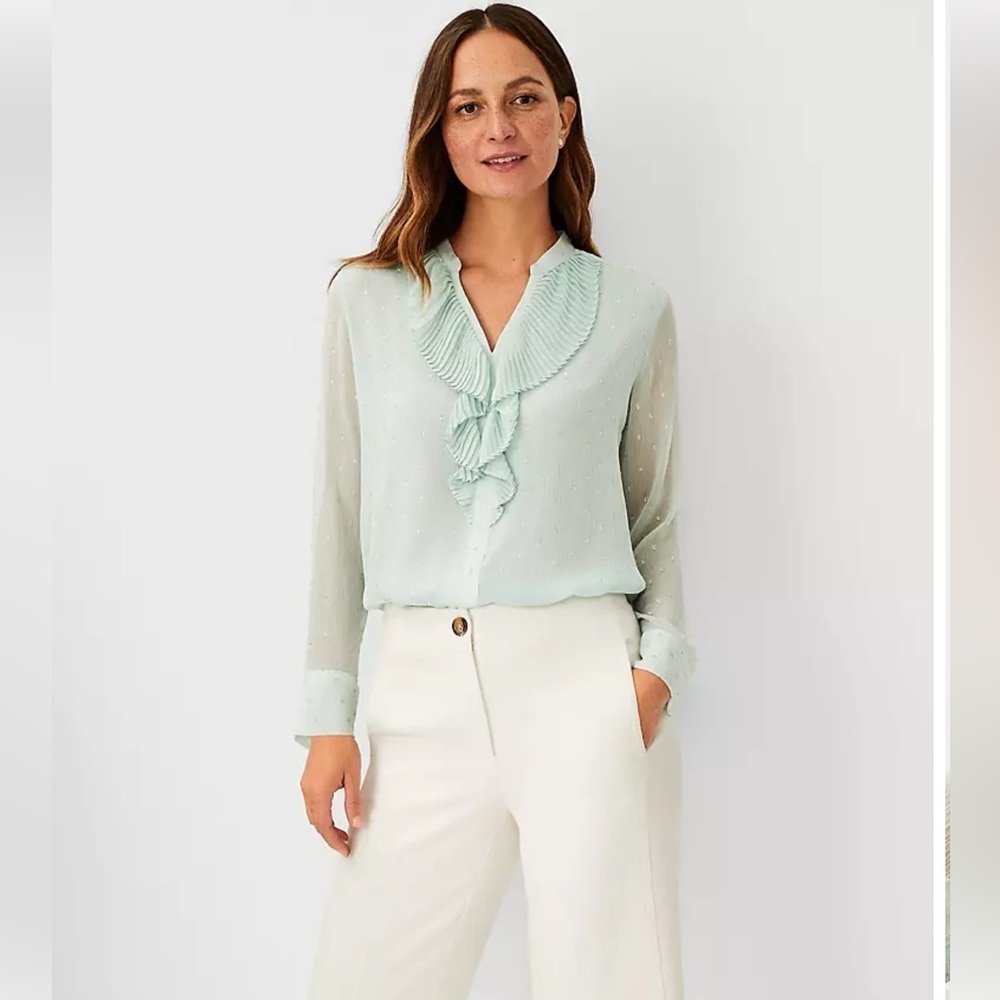 NEW Ann Taylor Shimmer Clip Dot Pleated Ruffle Blouse.  Large